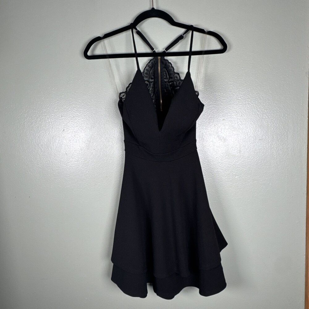 Honey & Rosie Cute Short Blackv Neck Halter Dress With Lace Back Women’s Size XS